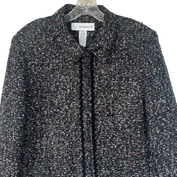 Sag Harbor Tweed Front Zip Jacket Blazer Coat Womens 14 Black Pockets - Picture 3 of 9